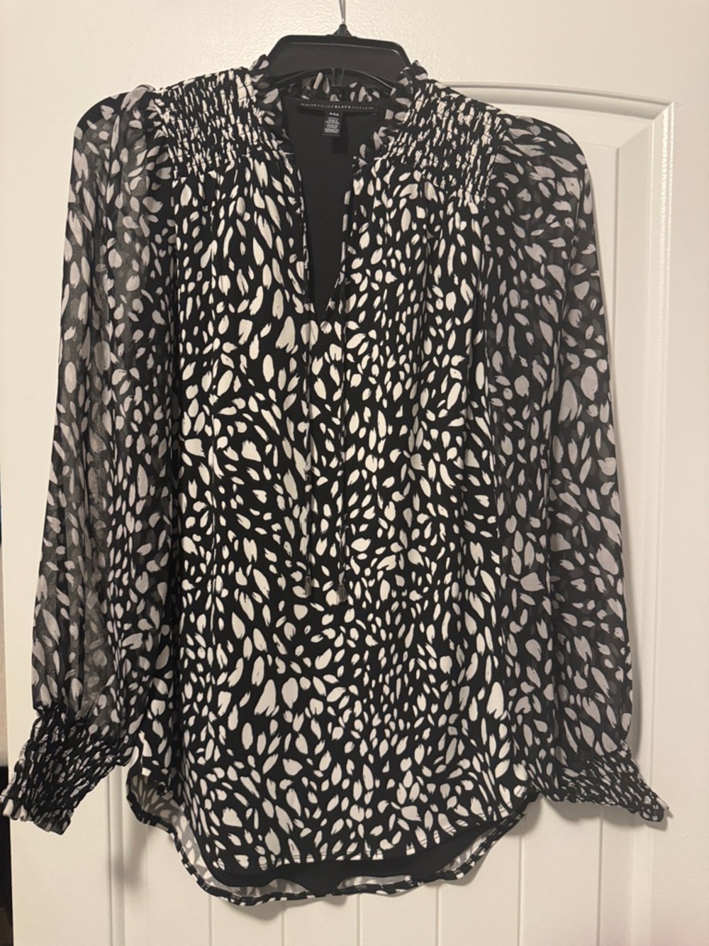 White House Black Market Black and White Smocked Neck Blouse